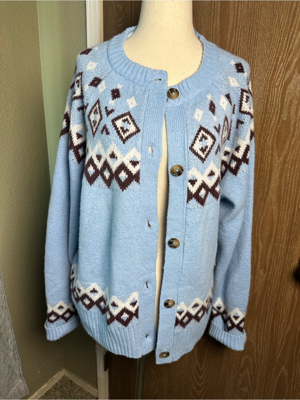 Time and Tru Light Blue Fair Isle Button-Up Cardigan